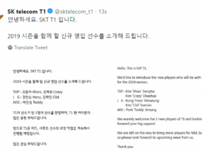 SKT公布2019春季赛选手名单 下赛季新阵容公布