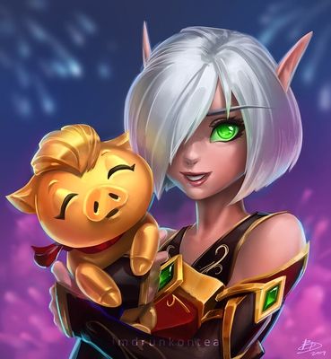魔兽同人画作 血精灵美女与她的金猪宝宝