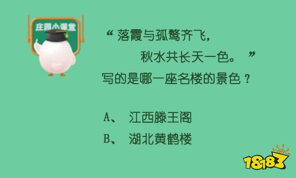蚂蚁庄园4月28日答案落霞与孤鹜齐飞秋水共长天一色写的是哪一座名楼