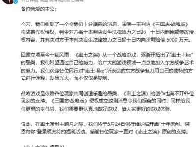 《三国志战略版》一入中国就被判赔《率土之滨》5000万