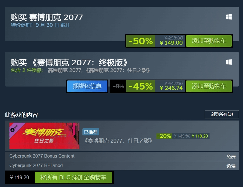 《赛博朋克2077》Steam大促五折特惠仅售149元1