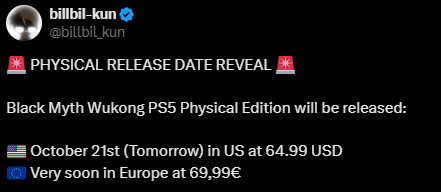 曝《黑神话》PS5实体版10月21日上架定价65美元1